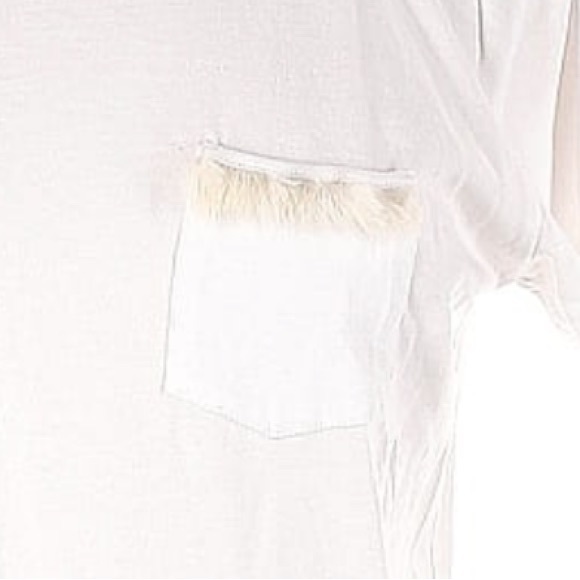 LIANA White Tee with Rabbit Fur Trim Chest Pocket - Picture 2 of 4